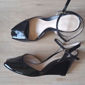 Arturo Chiang Black Patent Leather Peep Toe Ankle Strap Wedge Heels
